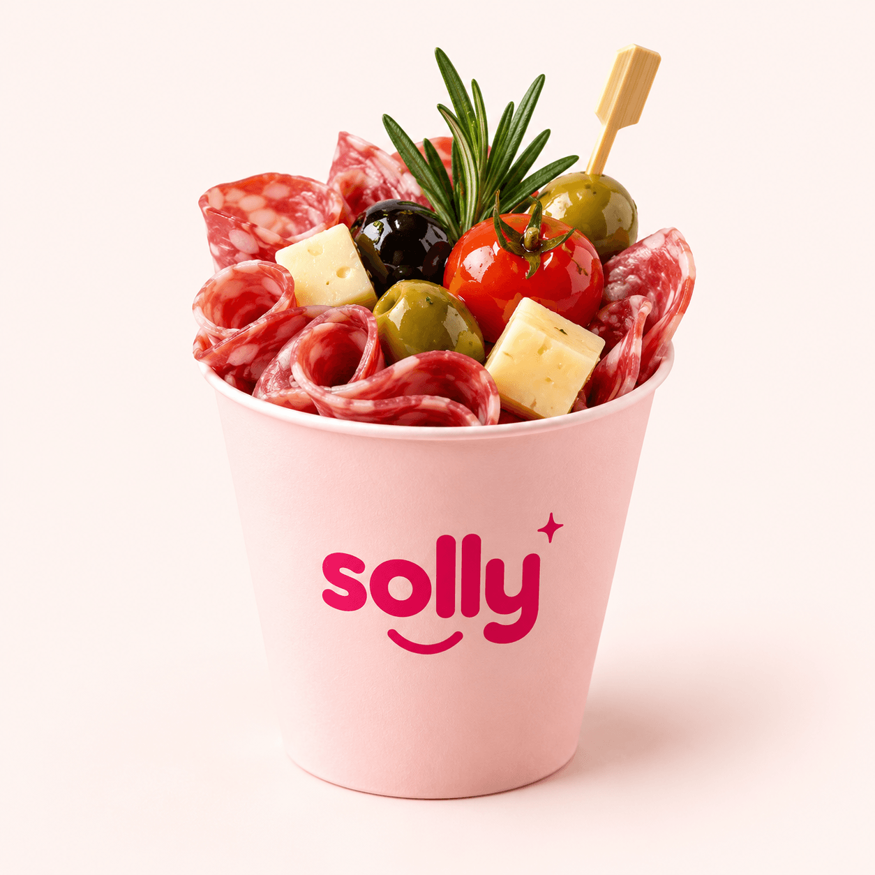 Pot rose garni de bouchées apéritives Solly