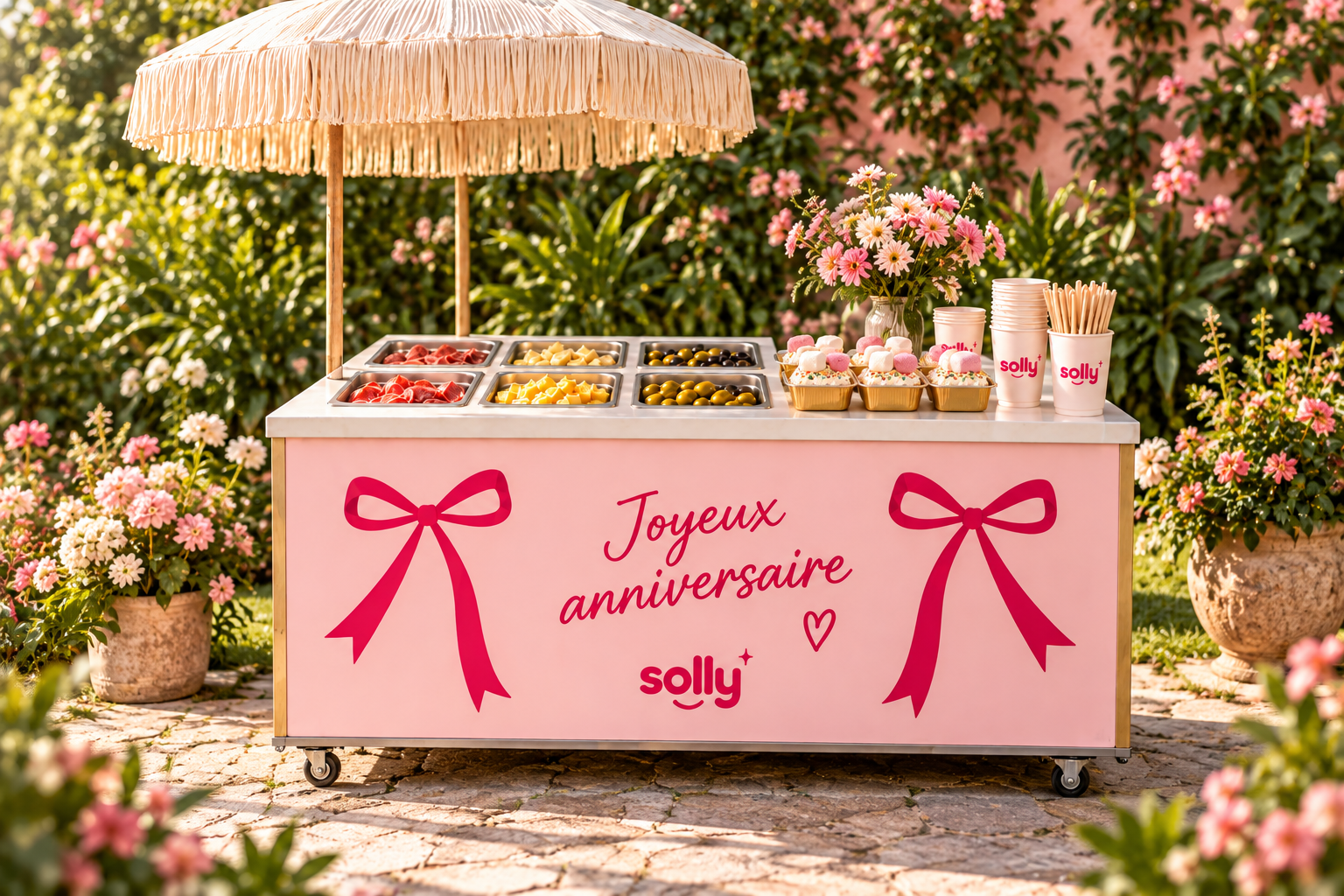 Chariot Solly décoré avec façade Joyeux Anniversaire au jardin