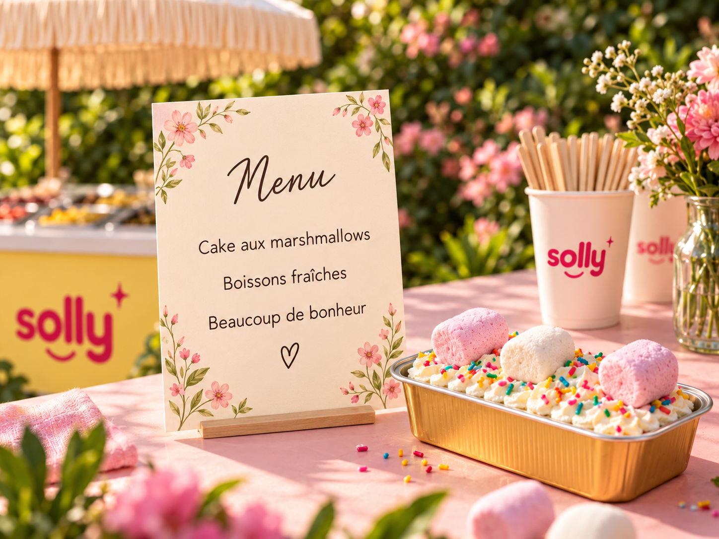 Menu fleuri chevalet et gâteau aux marshmallows