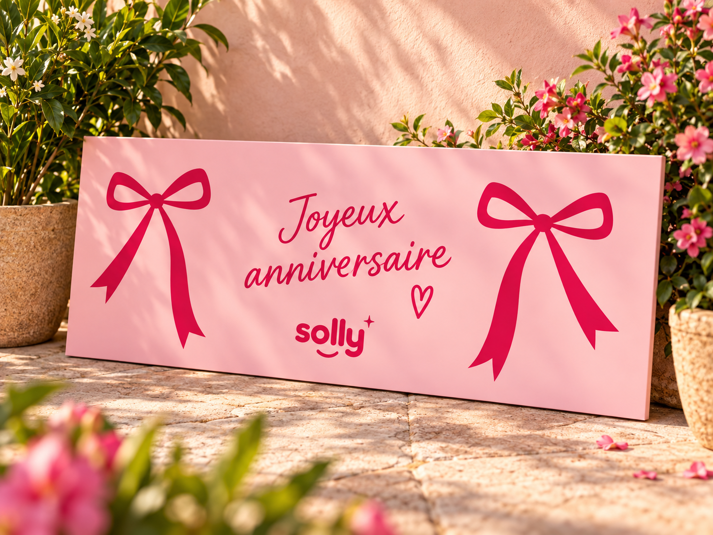 Panneau Solly rose Joyeux Anniversaire avec rubans