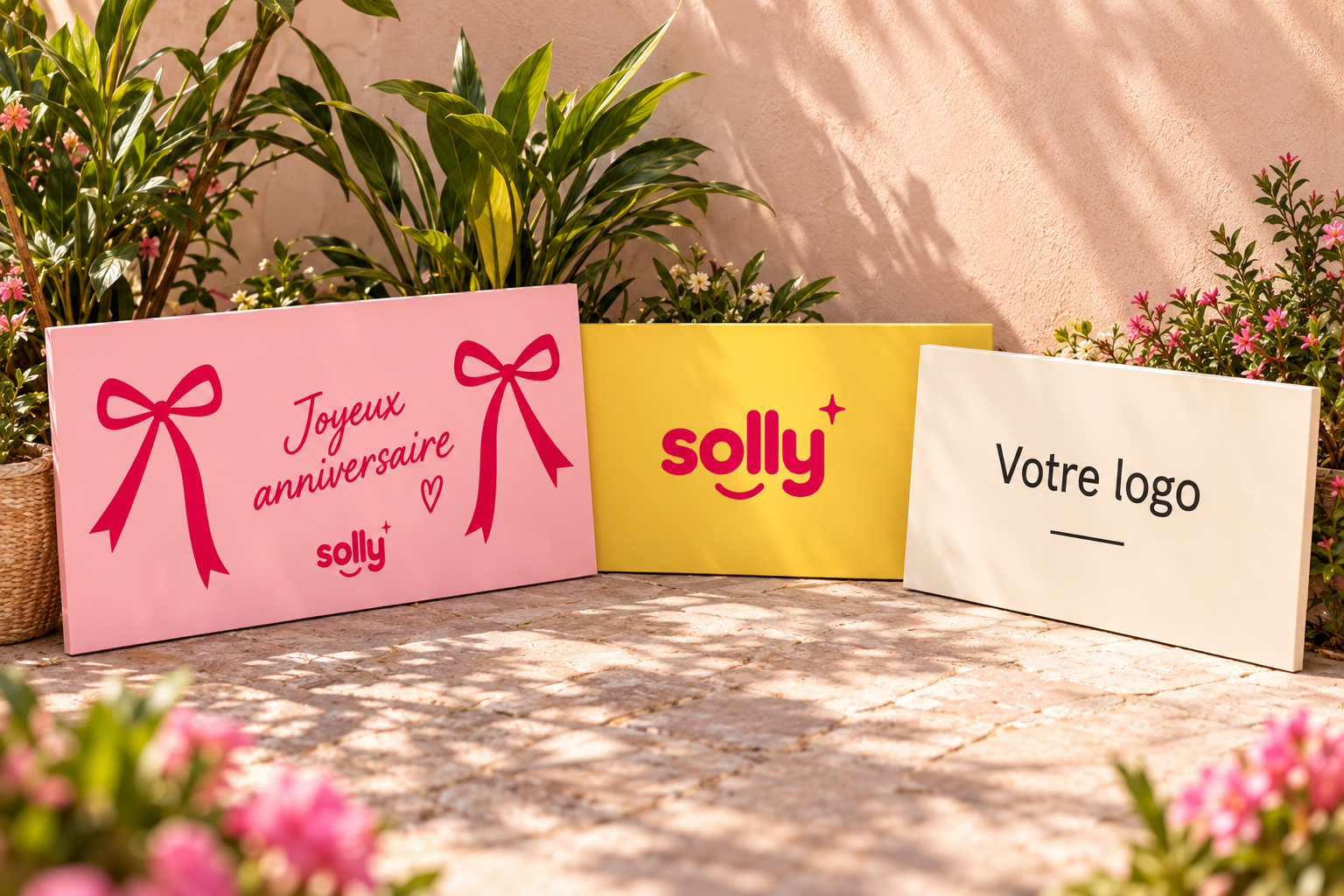 Trois panneaux Solly pastel interchangeables (Anniversaire, Solly+, Votre logo)